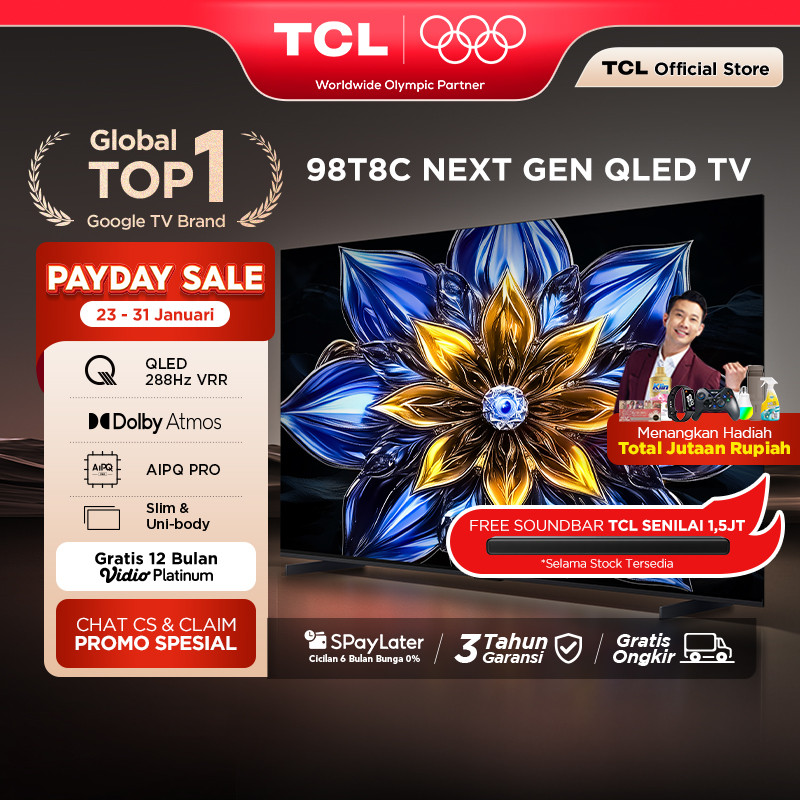 TCL Next Gen QLED 98 Inch T8C - 4K Google TV - HVA Screen - HDR10+ - Dolby Vision & Atmos - 288Hz VR