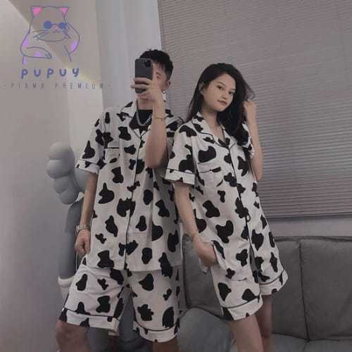Piyama Premium One Set Wanita Remaja Korea Motif Sapi Baju Tidur Wanita Dewasa Kancing Lengan Pendek