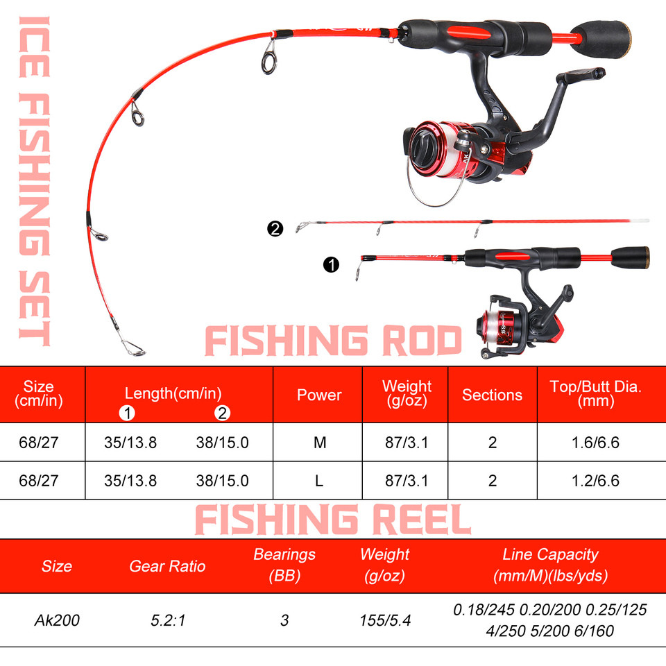 Sougayilang Ice Fishing Combo 68cm 2 Section EVA Handle Ice Fishing Rod with 5.2:1 3BB Fishing Reel 
