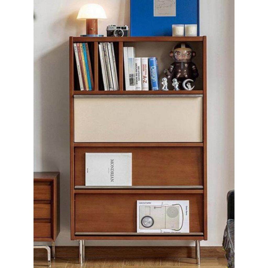 Selia Projects Rak buku kayu solid retro, lemari dada Nordik, loker, lemari penyimpanan pintu penutu