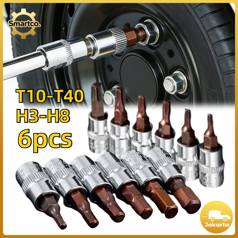 6pcs Mata Shock Kunci Torx Bintang Mata Sock L Pendek 1/4”Mata Hex Bit Socket