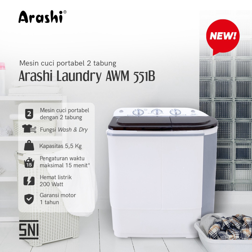 KB - Mesin Cuci Portable Arashi Laundry AWM 551B Gray / Cuci 5,5 Kg & Pengering 1,2L / 2 Tabung 200W