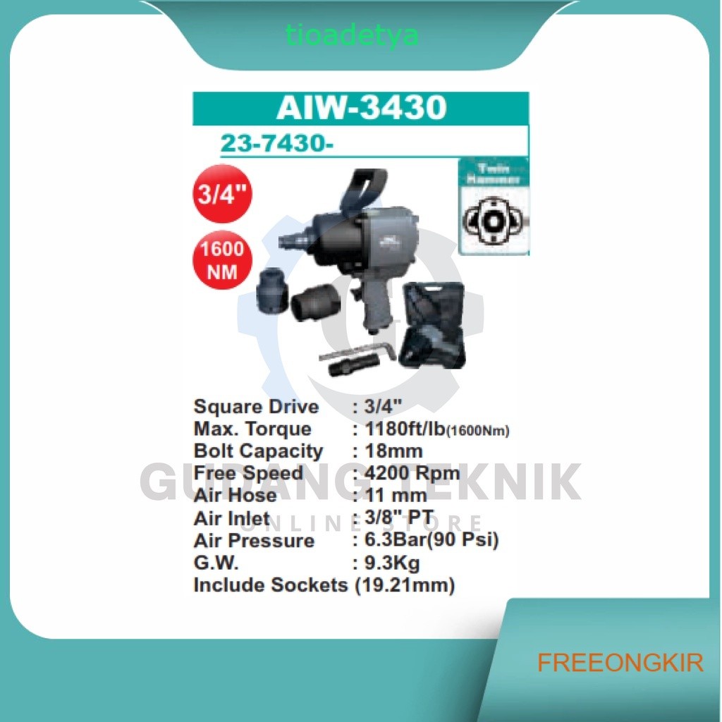 Air Impact Wrench 3/4" TWIN HAMMER Mobil WIPRO AIW-3430 / Alat Buka Pasang Baut Impact Wrench ANGIN 