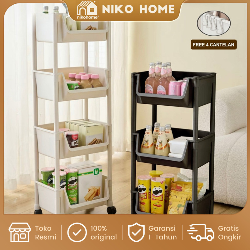 NIKOHOME Rak Dorong Plastik Rak Dapur Serbaguna Rak Susun Dengan Roda