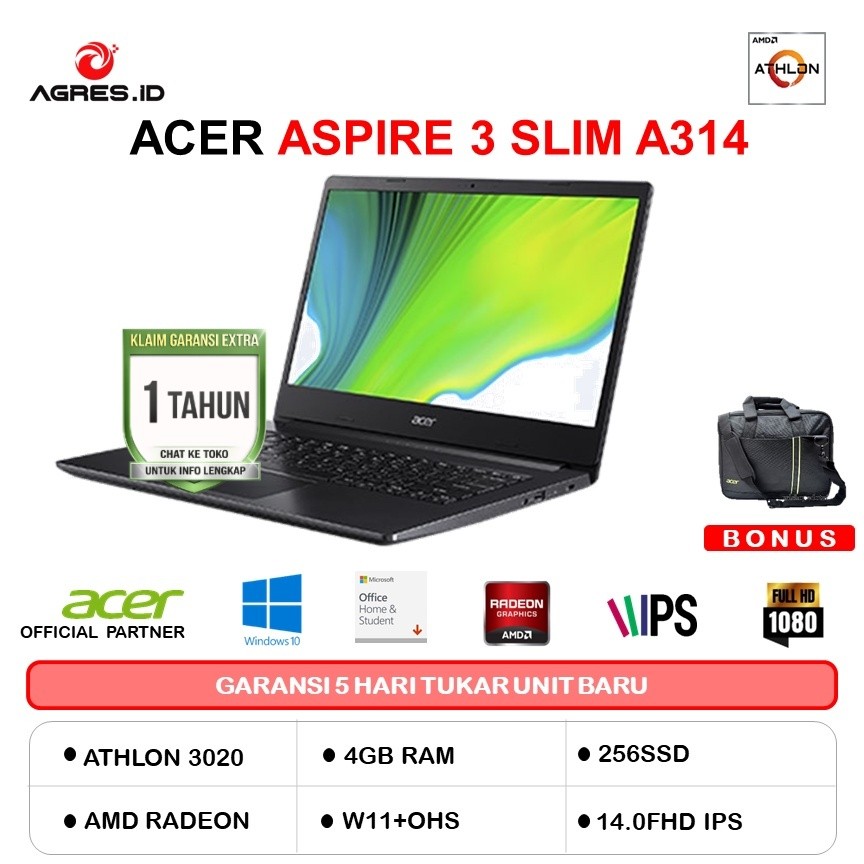ACER ASPIRE 3 SLIM A314 ATHLON 3020 4GB 256SSD W11+OHS 14.0FHD IPS BLK -22.A667