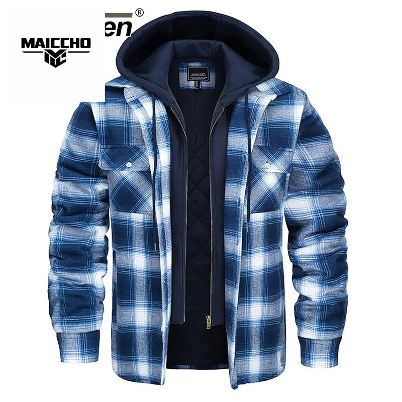Jacket Plaid Flannel Shirt Quilted Lined Coats with Removable Hood Winter Thick Hoodie Outerwear Hea