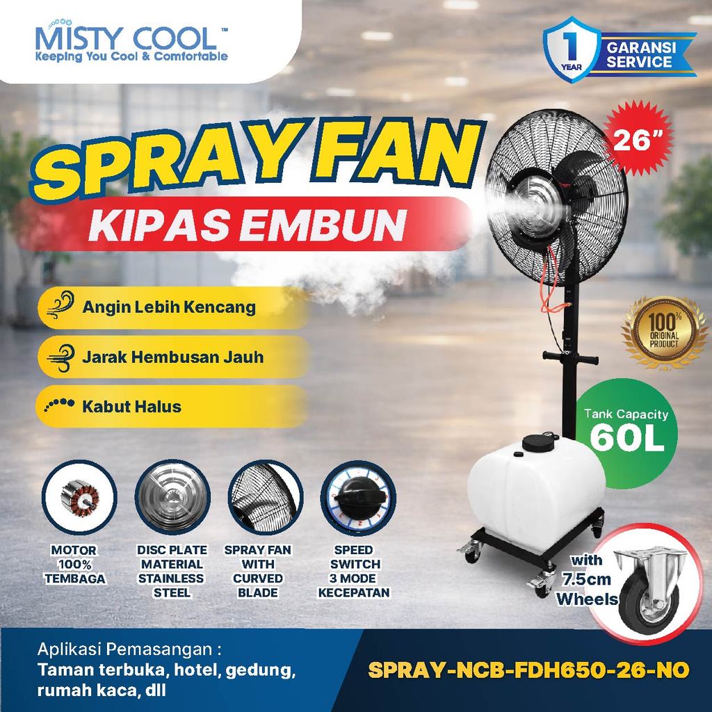 Misty Cool Spray Fan 26 inch Curved Blade Kipas embun Kipas Kabut