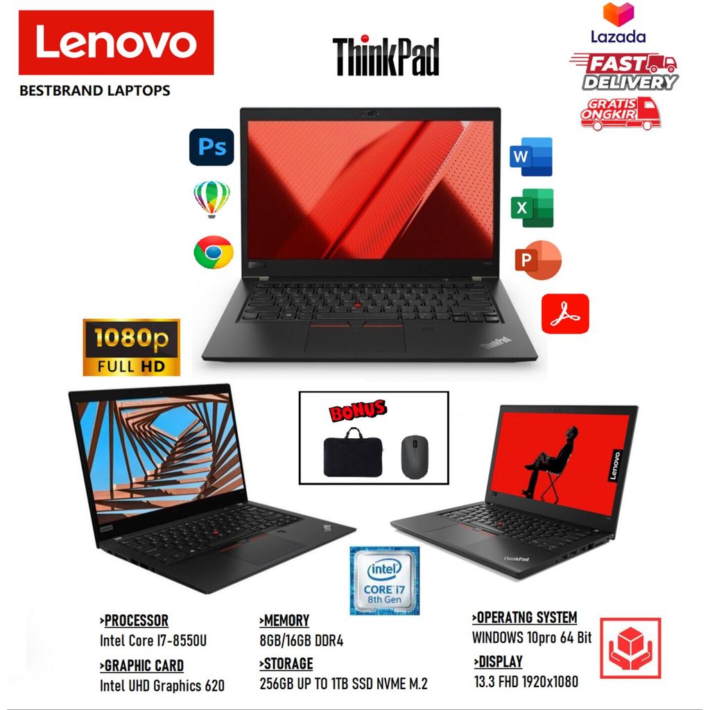 LAPTOP LENOVO THINKPAD T480S TOUCHSCREEN CORE I7 8TH RAM 16/1TB SSD BERGARANSI 1 TAHUN