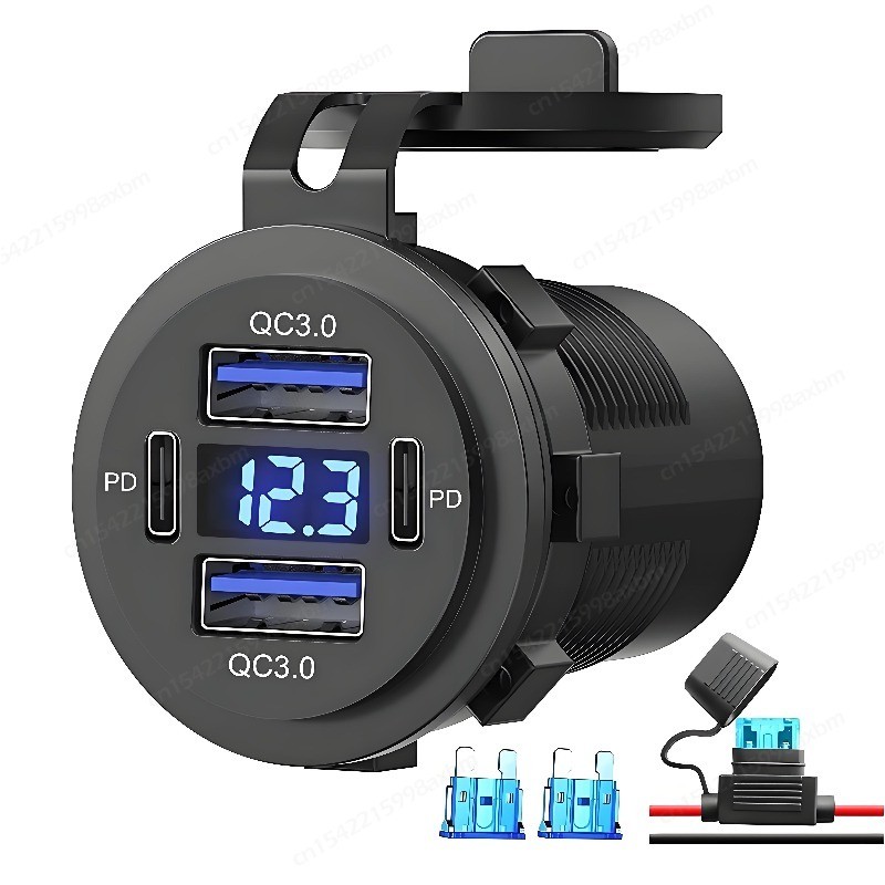 Stopkontak USB C 12 Volt dengan Dual Quick Charge 3.0 Port & Dual PD Type-C, Soket Pengisi Daya Mobi