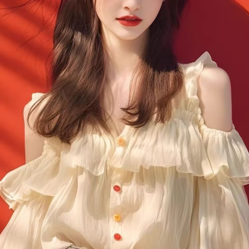 [Saror]Blus sifon berumbai untuk wanita, kemeja sifon longgar, atasan tipis berlengan panjang.