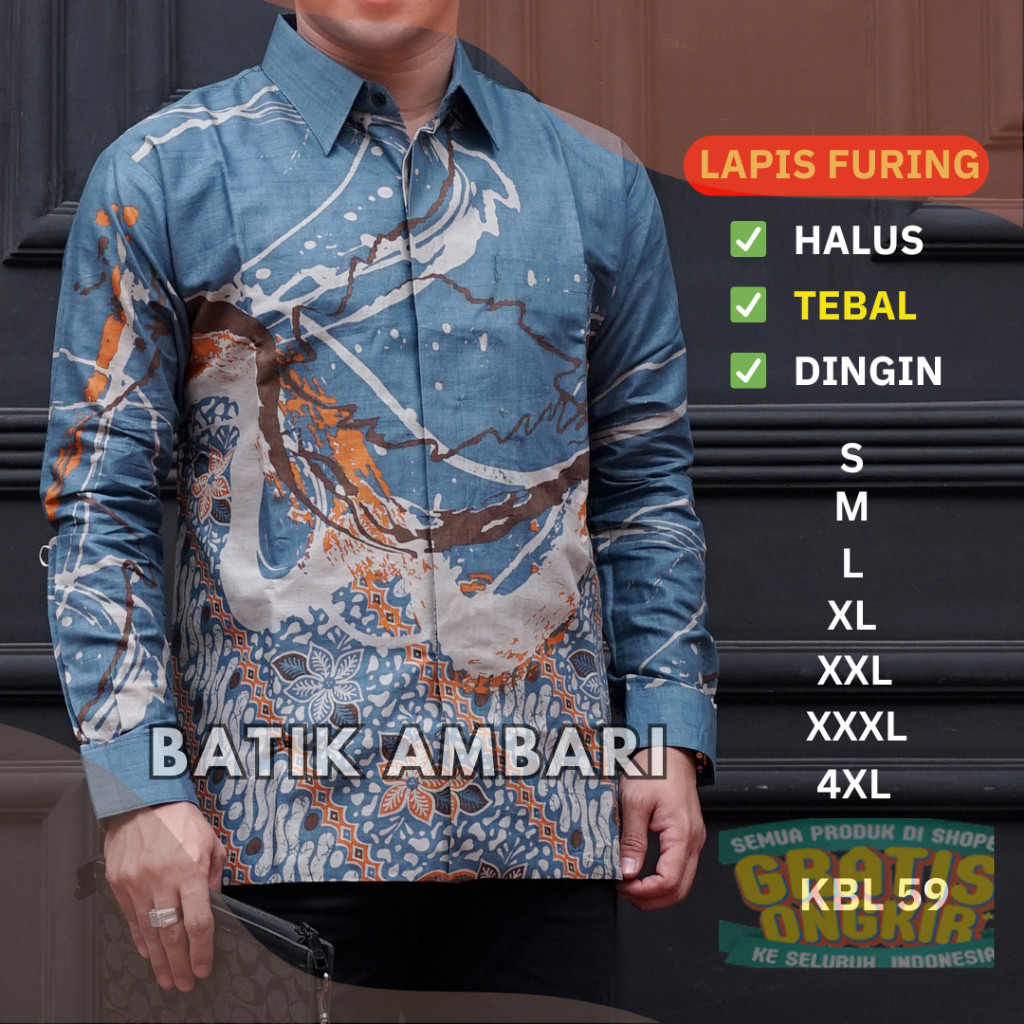 Kemeja Batik LAPIS FURING Lengan Panjang Pria Premium Standar & Jumbo Biru Denim Batik Ambari KBL 46