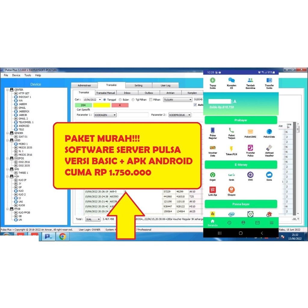 PAKET MURAH SOFTWARE SERVER PULSA VERSI BASIC + APK ANDROID