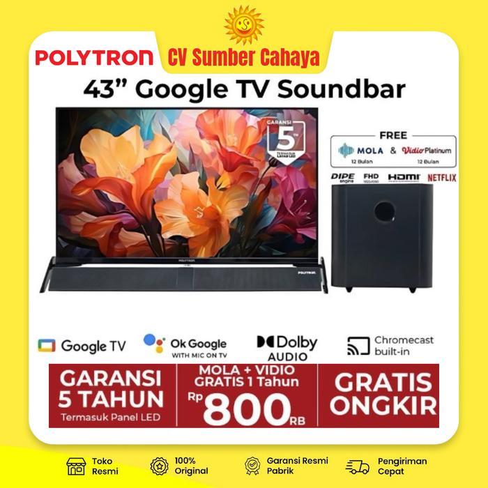 Polytron LED Smart Google TV 43" Full HD Sound Bar Subwoofer Cinemax PLD 43BG9058 43BG