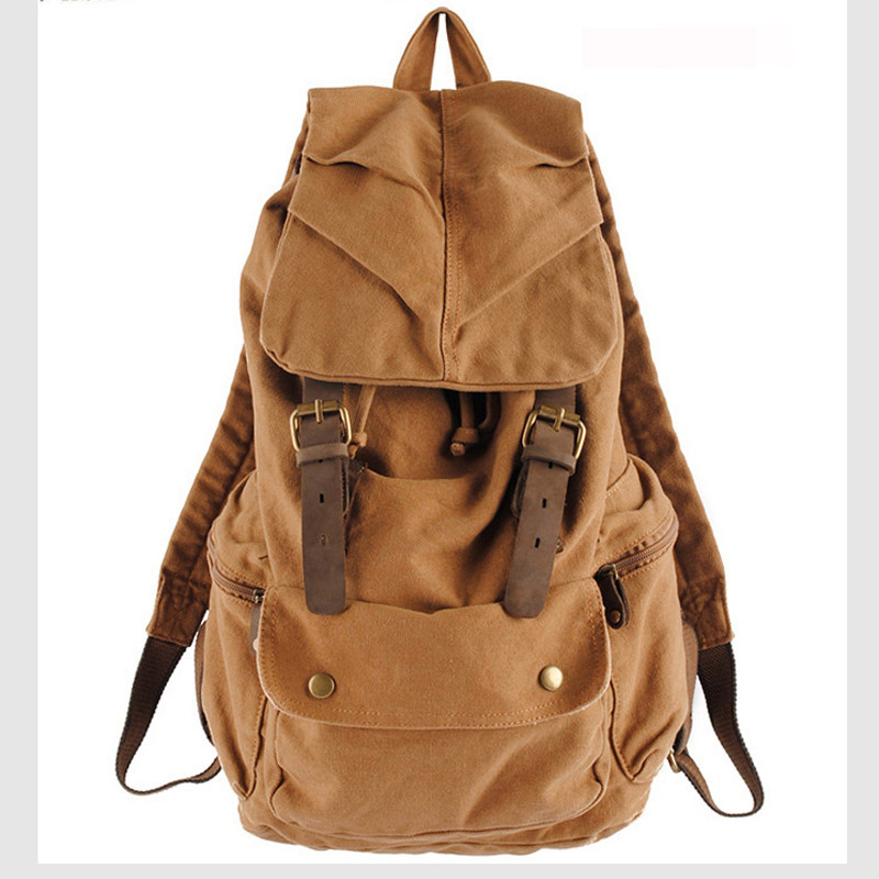 Fashion Vintage Leather military Canvas Backpack Men School Bag drawstring backpack Women Bagpack ma