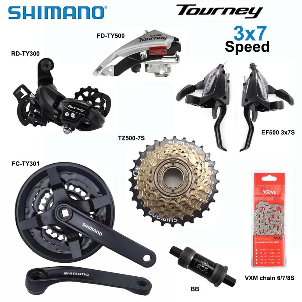 SHIMANO Tourney 3x7 Speed Groupset meliputi EF500 atau M315 Shifter, TY300 Rear Derailleur, TZ500 Ca