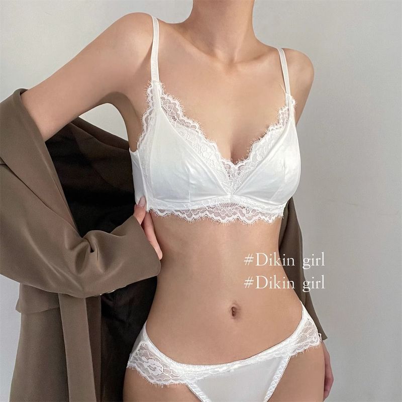 LadyAllure COD Bra Set Wanita Satin Lace Tanpa Kawat 3/4 Cup Push Up Sexy Lingerie Set Tipis Nyaman