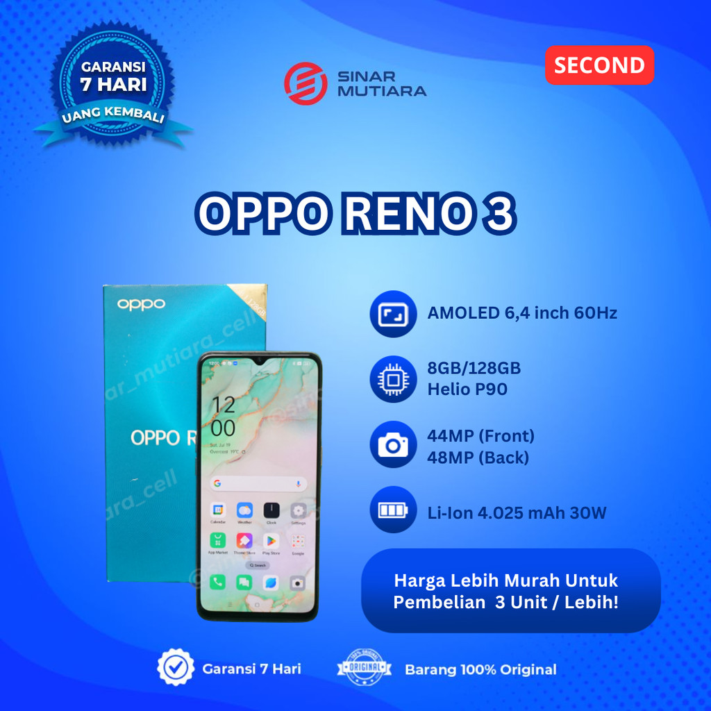 OPPO RENO 3 8/128 GB HP SECOND ORIGINAL SINAR MUTIARA CELL