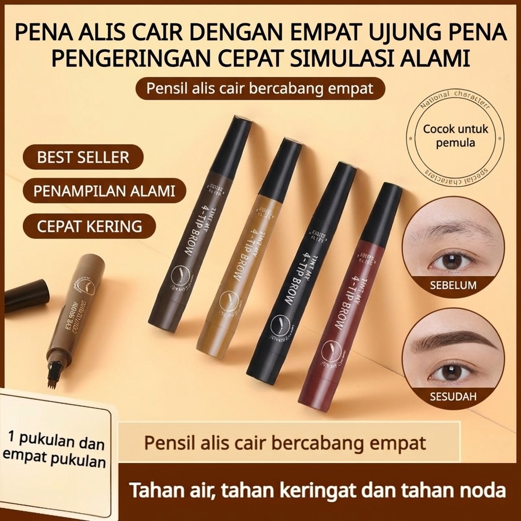 Tahan Air & Keringat Pensil Alis 4 Cabang Korea Waterproof/Easy To Use/Eyebrow Pen/Pensil Alis Cair/