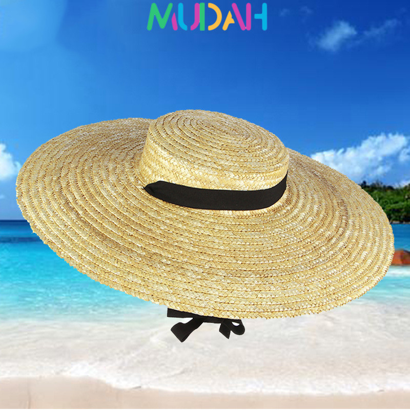 Topi pantai lebar list/topi pantai lebar Wanit/Tali Hitam Panjang & Lebar Tepian