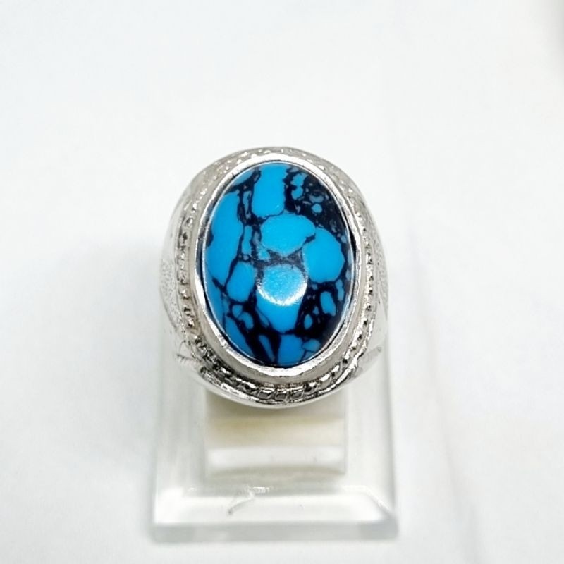 cincin pirus blue fancy urat hitam / batu akik pirus persia biru / pirus mesir ceplok kuro rindu