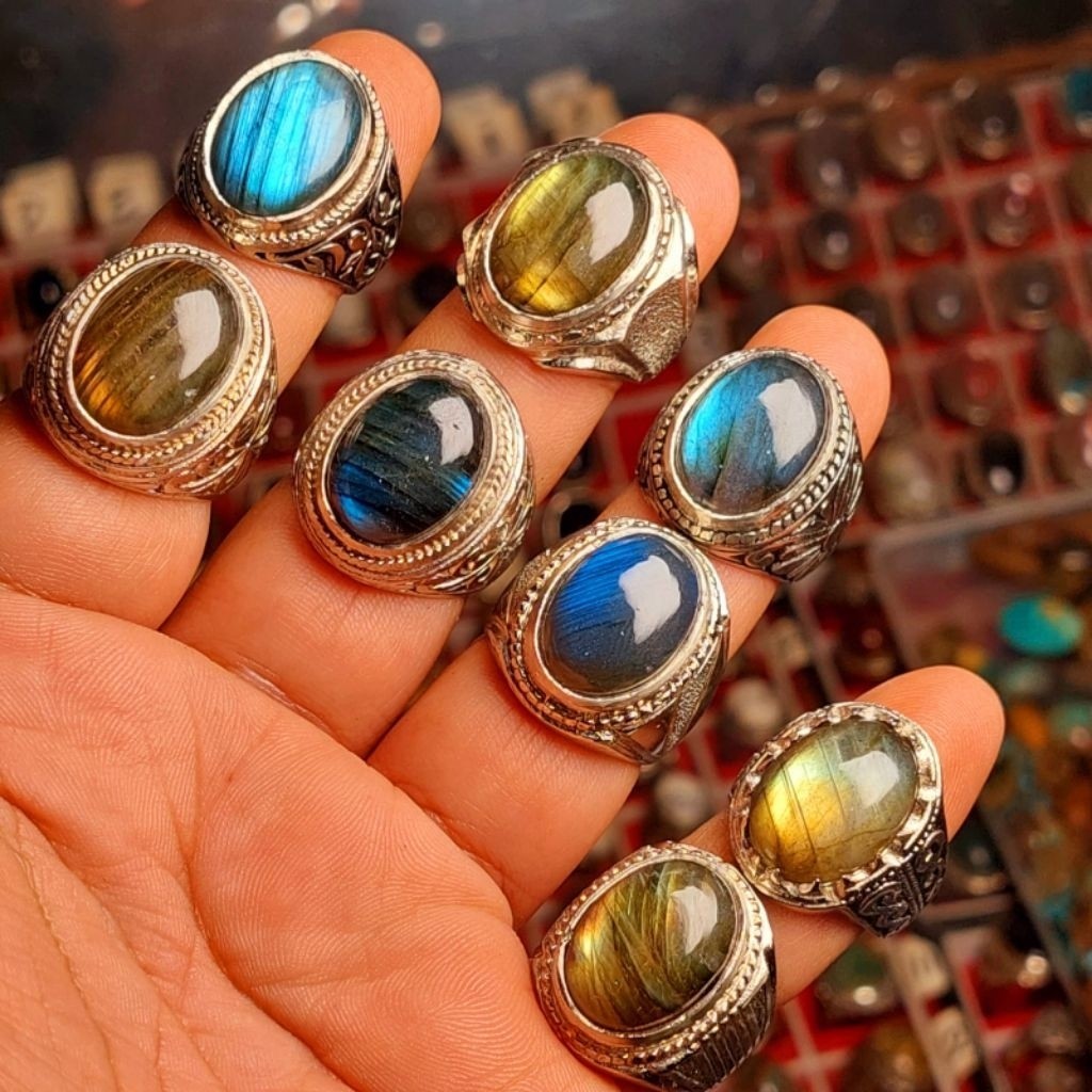 Cincin natural batu Labrador kerlap kerlip cantik Ring Alpaka super mewah permata 15