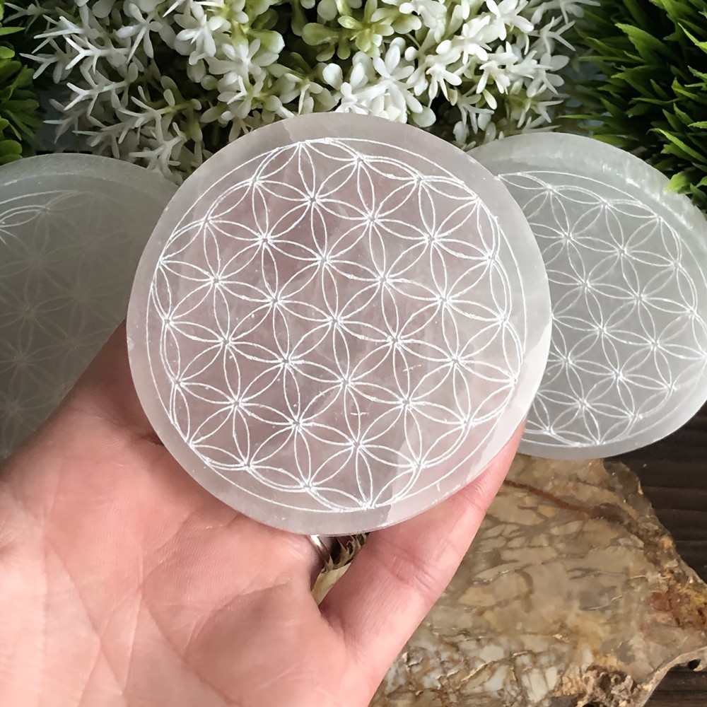 1pc Selenite Flower Charging Plate, Selenite Round Tile, Flower of Life, Selenite Crystal, Polished 