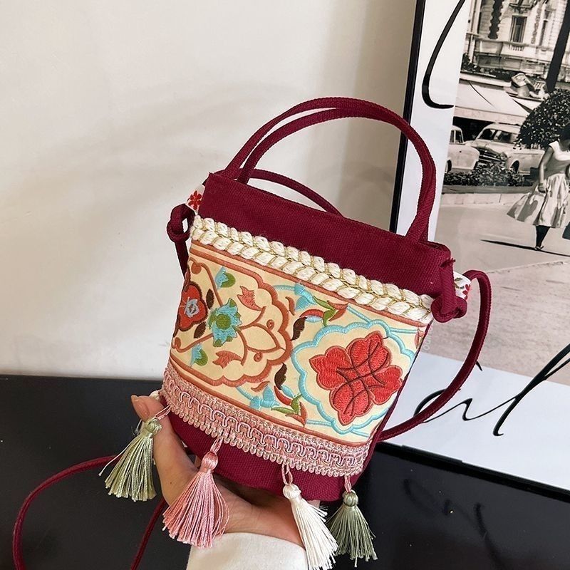 Tas selempang bersulam tas ponsel bahu tas kain bordir berumbai portabel