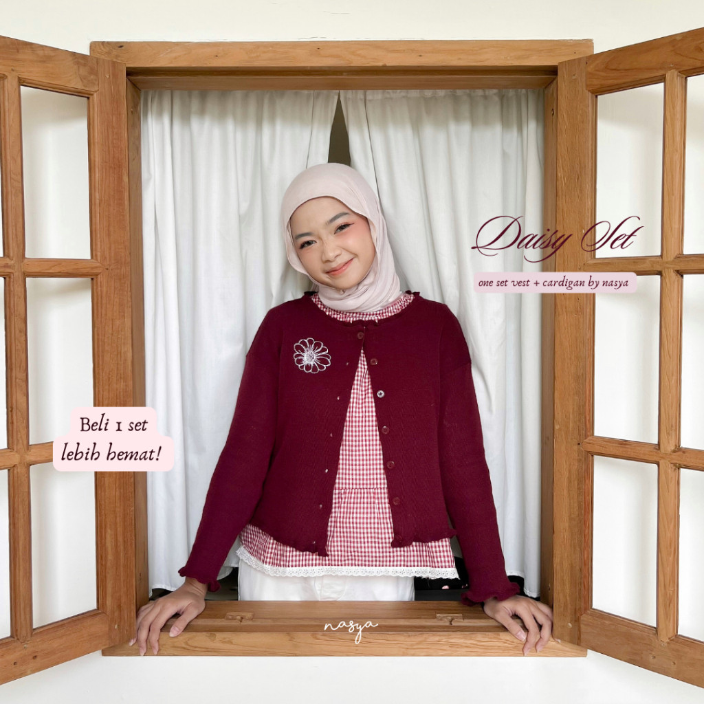 CACASTYLE Daisy Set by nasya.id | Satu set Cardi dan Vest Wanita | Cardi Bordir Bunga | Rajut Bordir
