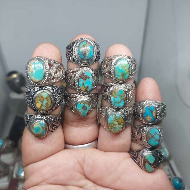 Cincin pirus persia biru hijau polos urat / natural batu akik pirus persia