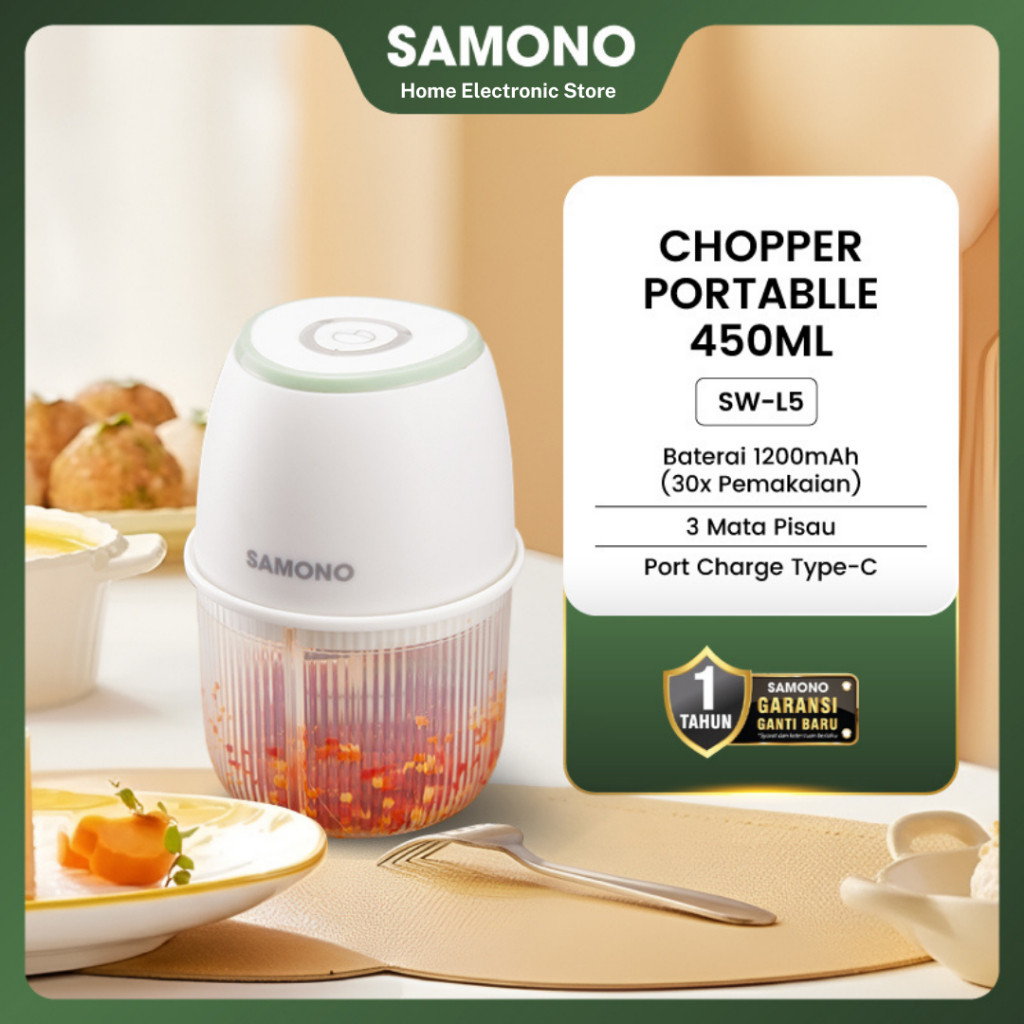 SAMONO Mini Chopper Portable 300ml SW-L5 Tanpa Kabel Baterai 1200mAh Rechargeable USB Type-C Fast Ch