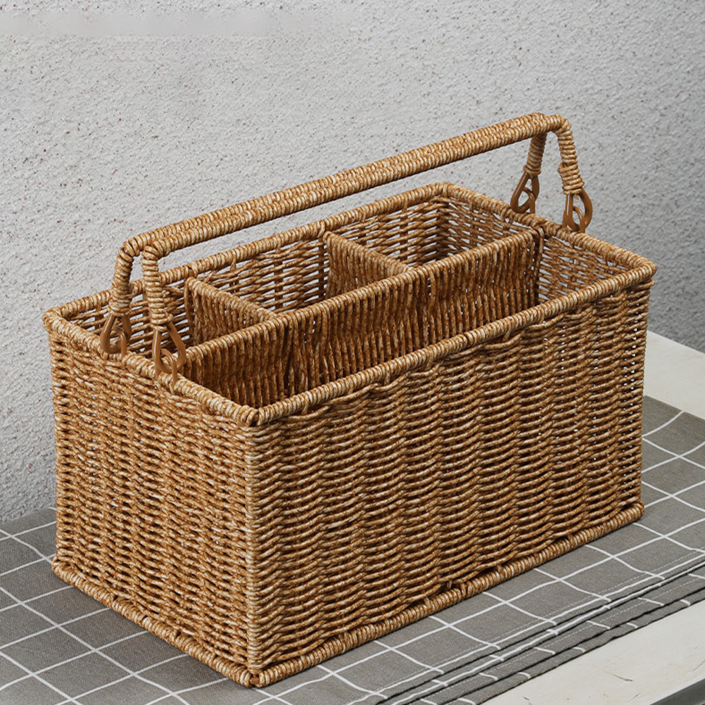 Four Grid Imitation Rattan Woven Storage Basket Portable Picnic Basket Sundries Storage Basket