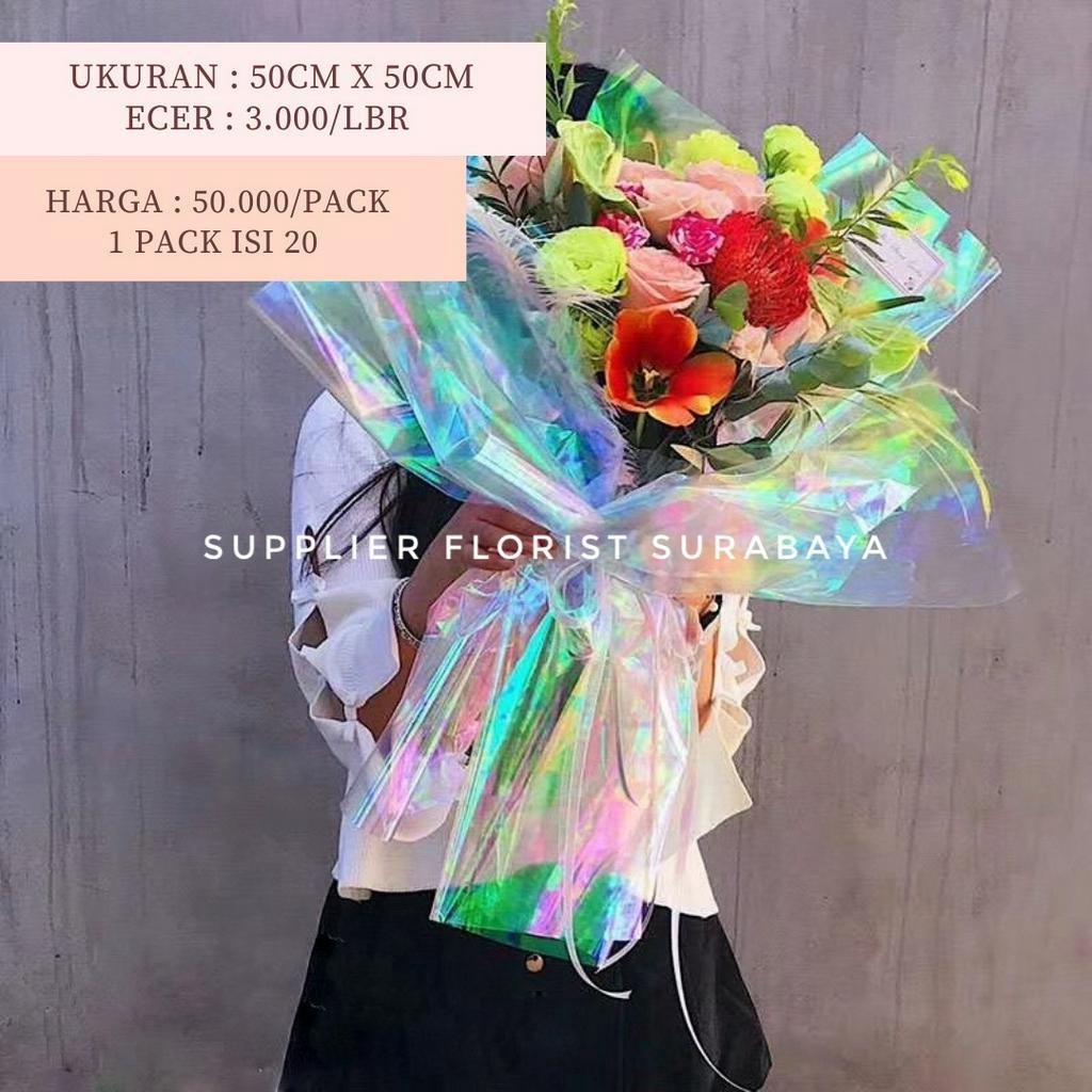 TERLARIS [5-20 LEMBAR] KERTAS BUNGA HOLOGRAM PELANGI WARNA WARNI SILVER/WRAPPING PAPER/ WRAP BUNGA/F