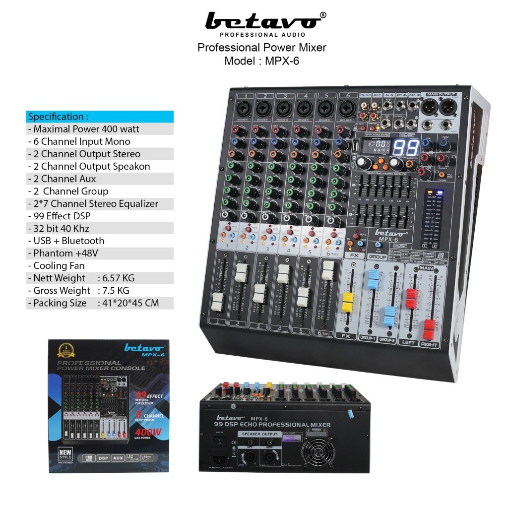 Betavo Audio Power Mixer MPX - 6  Professional Power Mixer | 6 Channel | 400 Watt (Max)