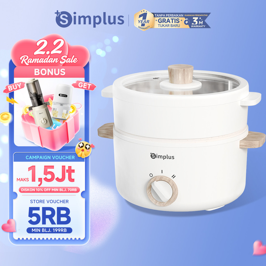 Simplus Panci Listrik Kapasitas 1.5L Panci Serbaguna Anti Lengket Dengan Kukusan 2 Mode Panas