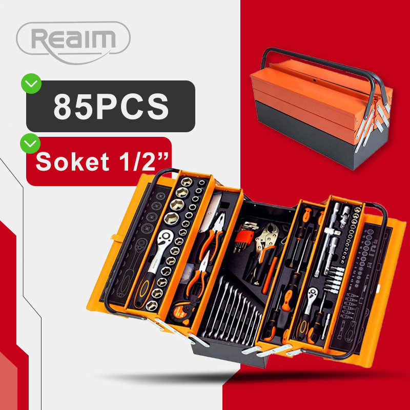 TERLARIS - Reaim Tool kit 85PCSKunci Set Lengkap Tool Box Set Lengkap Tool Box Kunci Shock Set Alat 