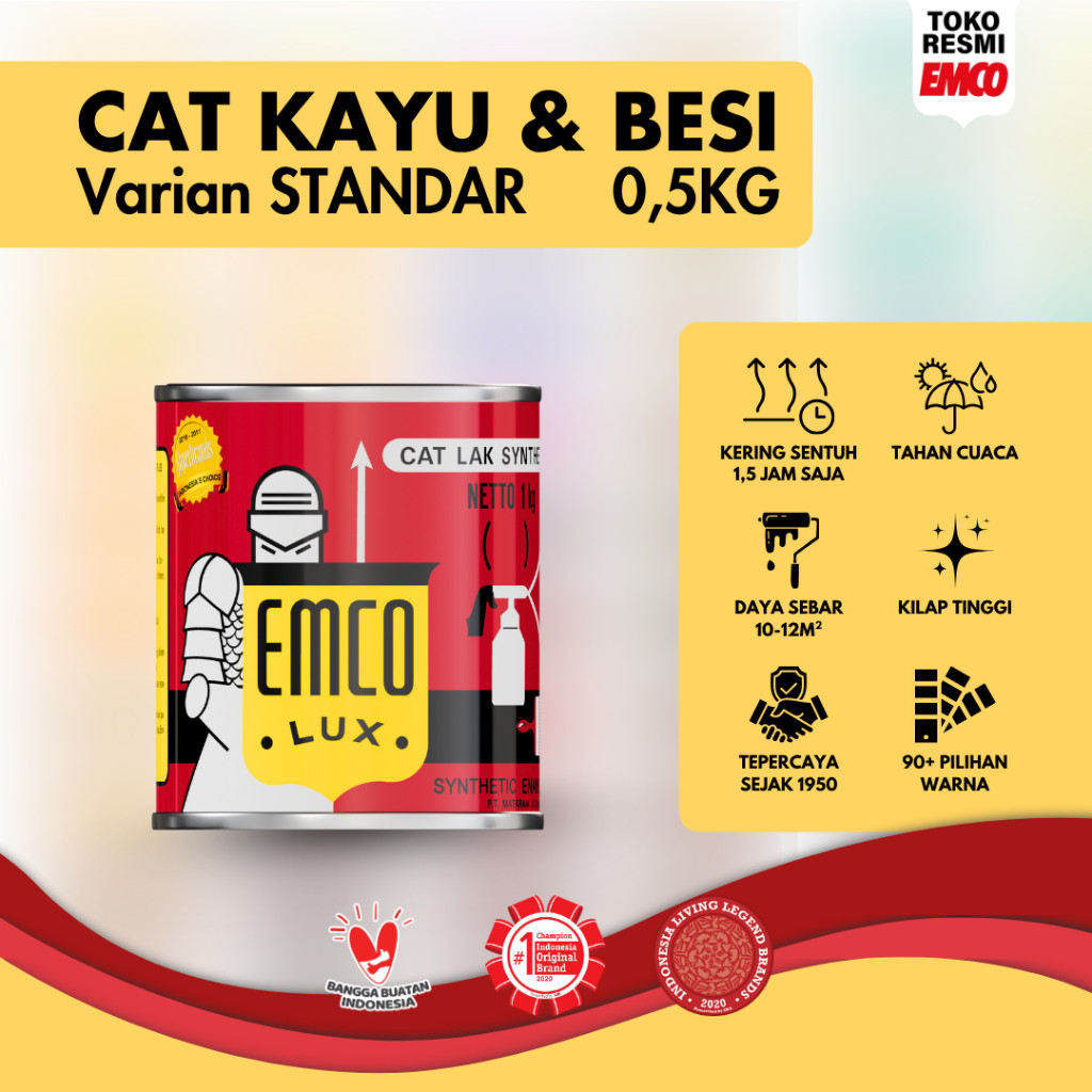 Emco Lux Cat Kayu & Besi 0,5kg - Varian Warna Standar Hitam Putih Coklat Kuning Hijau Biru Merah