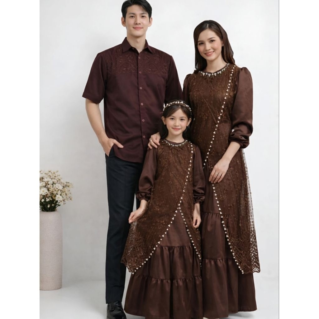 Meydiane Couple Serambit Keluarga Mewah Elegant Brukat Satin Velvet Ayah Ibu dan Anak Pakaian Keluar