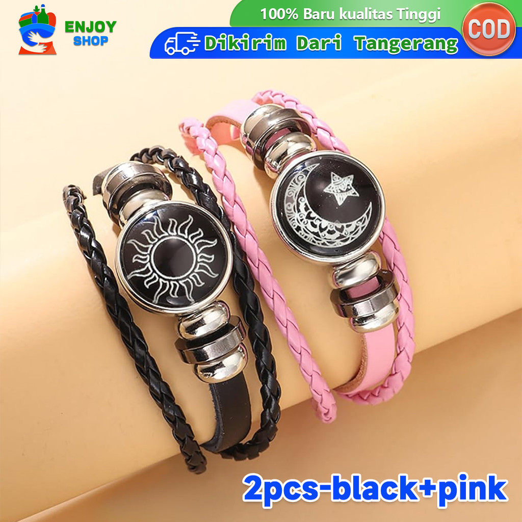 Sepasang Gelang Couple Bulan Bintang Glow Gelang Pasangan Pria Wanita Vintage Fashion Tali Kulit
