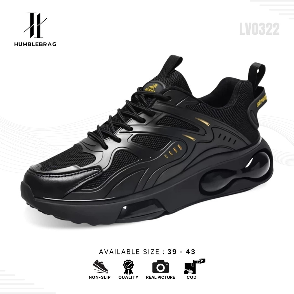 HMBRG Ten LV0322 Sepatu Sneakers Pria Sport Hitam Bahan Kulit Sintetis Nyaman Dipakai Sehari-hari Se