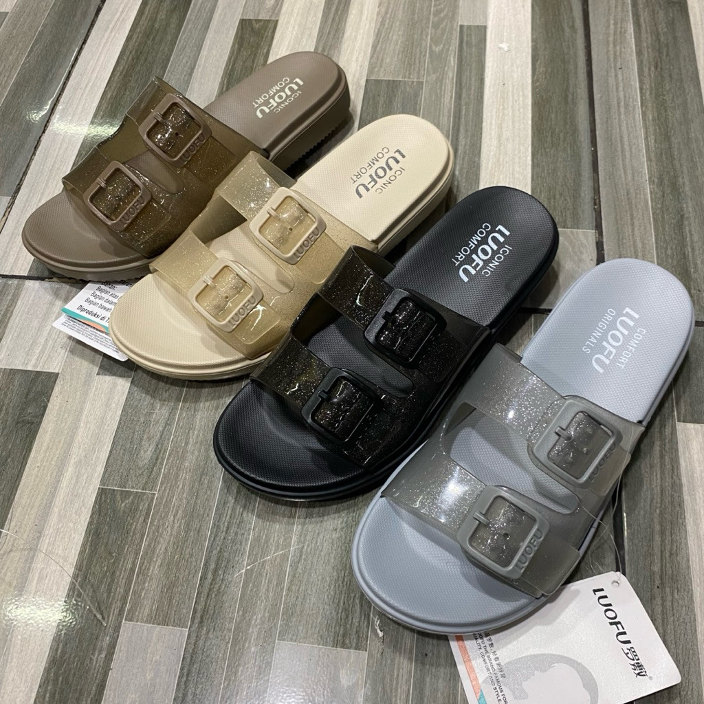 LUOFU - SANDAL LUOFU WANITA - SANDAL GESPER BAN 2 GLITTER TRANSPARANT WANITA Luofu Import