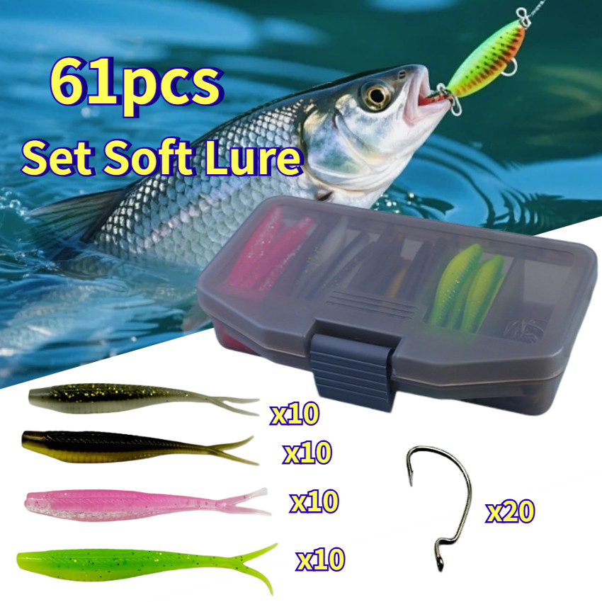 61Pcs Umpan Pancing Ikan Softlure Soft Lure Casting Umpan Soft Lure Bait Komplit Fishing Lure