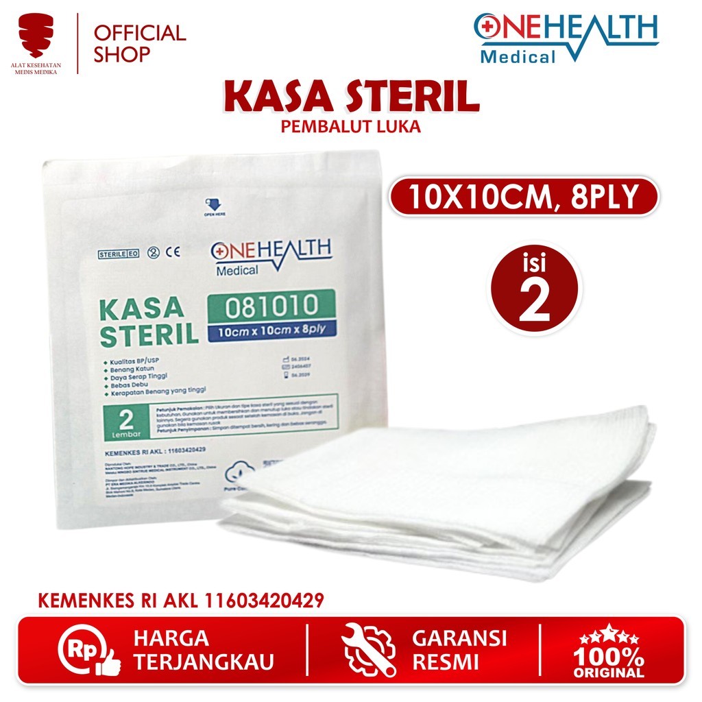 Kasa Sterile 10x10 cm 8 Ply isi 2 OneHealth Peralatan Pembersih Perban Lipat Dalam Penutup Luka P3K 