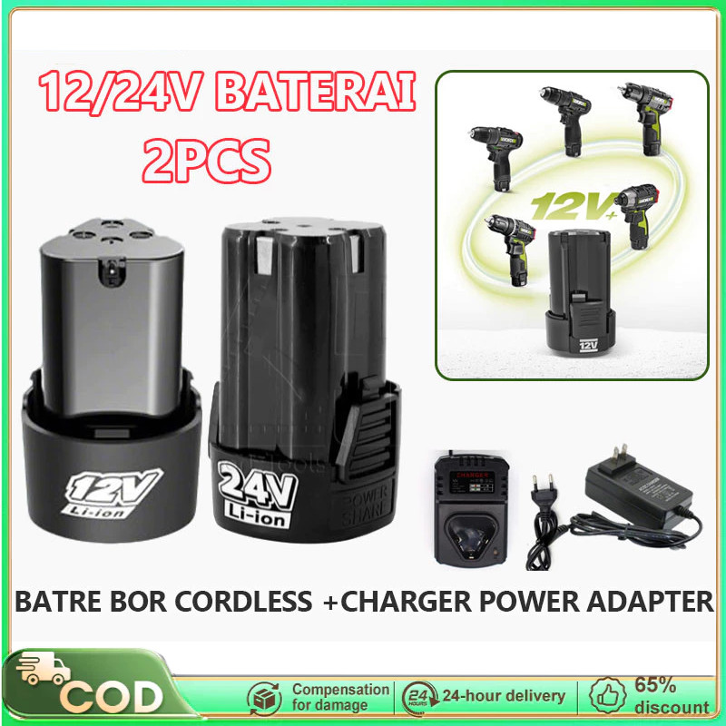 2Pcs Baterai Mesin Bor Cas 12 Volt 1300mAh Cordless Drill+Charger Baterai Ori batrei 12v 12 volt bor