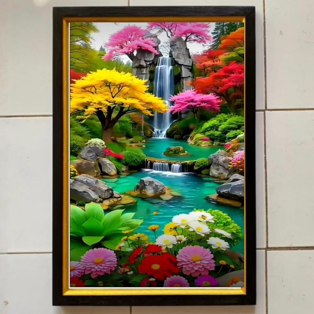 Hiasan dinding lukisan Cetak gambar taman bunga plus bingkai ukuran 65cmx45cm