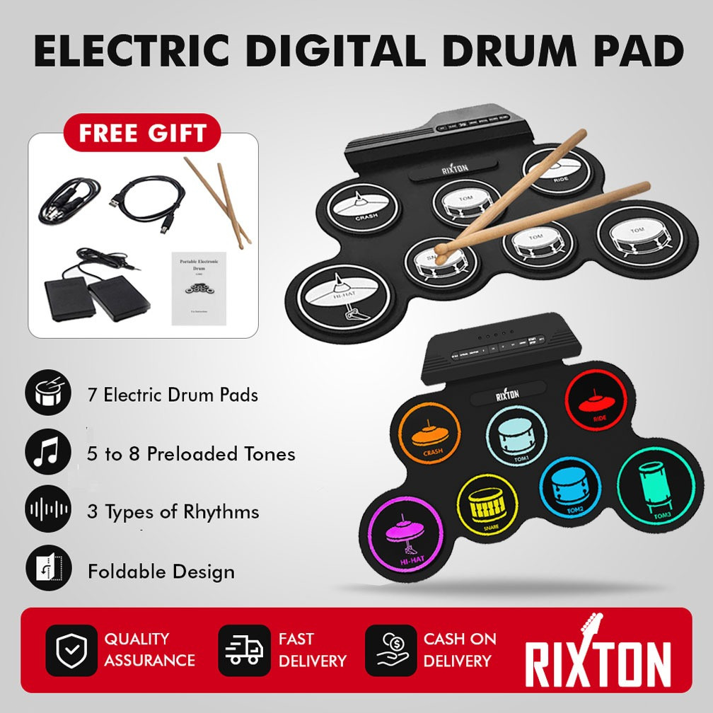 RIXTON Drum Elektronik Portabel Digital USB 7 Bantalan Roll up Drum Set Silicone Electric Drum Pad K