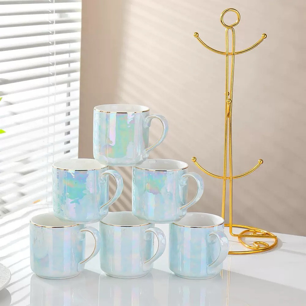 Set Gelas Keramik + Rak 6pcs / Mug Keramik Set / Dekorasi Ruangan
