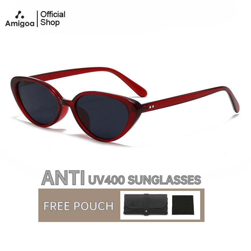 AMIGOA Kacamata Hitam Y2K Retro Merah Bingkai Kecil Cat Eye Anti UV400 Dan Radiasi Sunglasses Kacama