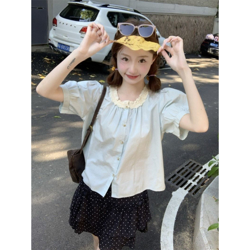 Blus wanita berkualitas tinggi dengan lengan puff berenda Kemeja lengan pendek yang longgar