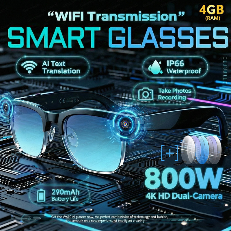 Kacamata Pintar AI Baru 2026 Kamera HD 4K 8MP Video 1080P Terjemahan 100+ Bahasa Kacamata WiFi Pangg