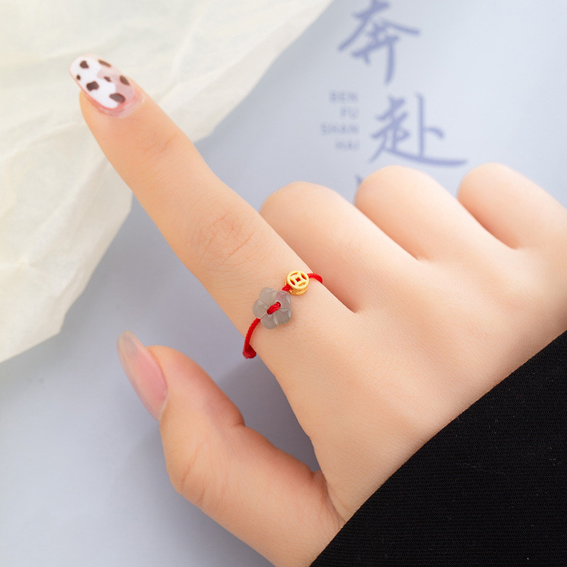 cincin wanita tali merah emas serpihan tali anyaman uang koin dengan bunga unik